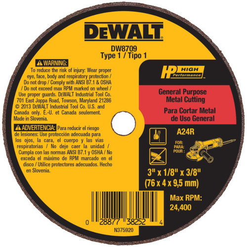 DEWALT 2-1/2" x .035" x 1/4" A36T Metal & Stainless Cutting & Grinding Wheel  (P/N DW8709)