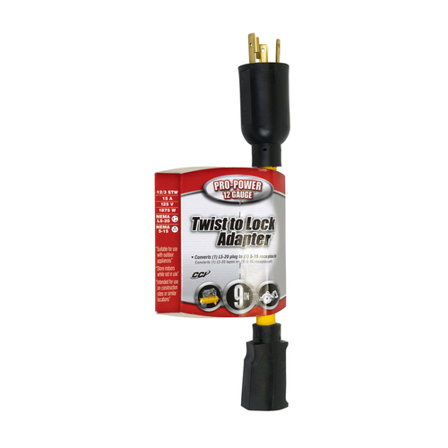 Southwire 20ft 12/3 STW Twist to Lock 20A plug (NEMA 5-20P) to Standard 15A U Ground Connector (NEMA 5-15R)(Yellow) 10/BX