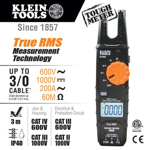 Klein Electrical Tester, Open Jaw Fork Meter, AC Auto-Ranging, 200 Amp