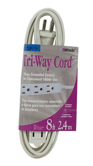 Woods CUBE TAP, 16/3 8' SPT-2 WHITE 3 OUTLET 10/BX
