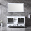 Dukes 60" White Double Vanity, White Carrara Marble Top, White Square Sinks And 58" Mirror W/ Faucets