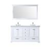 Dukes 60" White Double Vanity, White Carrara Marble Top, White Square Sinks And 58" Mirror W/ Faucets