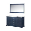 Dukes 60" Navy Blue Double Vanity, White Carrara Marble Top, White Square Sinks And 58" Mirror
