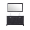 Dukes 60" Espresso Double Vanity, White Carrara Marble Top, White Square Sinks And 58" Mirror W/ Faucets