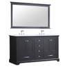 Dukes 60" Espresso Double Vanity, White Carrara Marble Top, White Square Sinks And 58" Mirror W/ Faucets