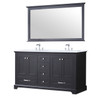 Dukes 60" Espresso Double Vanity, White Carrara Marble Top, White Square Sinks And 58" Mirror W/ Faucets