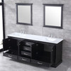 Dukes 80" Espresso Double Vanity, White Carrara Marble Top, White Square Sinks And 30" Mirrors W/ Faucets