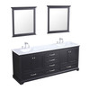 Dukes 80" Espresso Double Vanity, White Carrara Marble Top, White Square Sinks And 30" Mirrors W/ Faucets