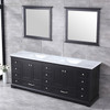 Dukes 84" Espresso Double Vanity, White Carrara Marble Top, White Square Sinks And 34" Mirrors