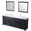 Dukes 84" Espresso Double Vanity, White Carrara Marble Top, White Square Sinks And 34" Mirrors W/ Faucets