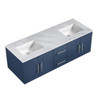 Geneva 60" Navy Blue Double Vanity, White Carrara Marble Top, White Square Sinks And No Mirror