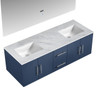 Geneva 60" Navy Blue Double Vanity, White Carrara Marble Top, White Square Sinks And 60" Led Mirror