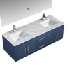 Geneva 60" Navy Blue Double Vanity, White Carrara Marble Top, White Square Sinks And 60" Led Mirror W/ Faucets