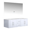 Geneva 60" Glossy White Double Vanity, White Carrara Marble Top, White Square Sinks And 60" Led Mirror