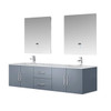 Geneva 72" Dark Grey Double Vanity, White Carrara Marble Top, White Square Sinks And 30" Led Mirrors W/ Faucets
