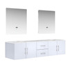 Geneva 80" Glossy White Double Vanity, White Carrara Marble Top, White Square Sinks And 30" Led Mirrors