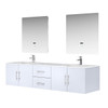 Geneva 80" Glossy White Double Vanity, White Carrara Marble Top, White Square Sinks And 30" Led Mirrors W/ Faucets