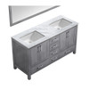 Jacques 60" Distressed Grey Double Vanity, White Carrara Marble Top, White Square Sinks And 58" Mirror