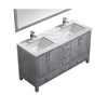 Jacques 60" Distressed Grey Double Vanity, White Carrara Marble Top, White Square Sinks And 58" Mirror W/ Faucets