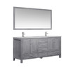 Jacques 72" Distressed Grey Double Vanity, White Carrara Marble Top, White Square Sinks And 70" Mirror W/ Faucets