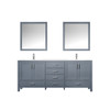 Jacques 80" Dark Grey Double Vanity, White Carrara Marble Top, White Square Sinks And 30" Mirrors W/ Faucets