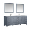 Jacques 84" Dark Grey Double Vanity, White Carrara Marble Top, White Square Sinks And 34" Mirrors W/ Faucets