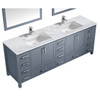 Jacques 84" Dark Grey Double Vanity, White Carrara Marble Top, White Square Sinks And 34" Mirrors W/ Faucets