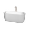 Ursula 59 Inch Freestanding Bathtub In White With Floor Mounted Faucet, Drain And Overflow Trim In Brushed Nickel