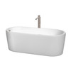 Ursula 67 Inch Freestanding Bathtub In White With Floor Mounted Faucet, Drain And Overflow Trim In Brushed Nickel