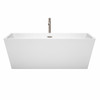 Sara 67 Inch Freestanding Bathtub In White With Floor Mounted Faucet, Drain And Overflow Trim In Brushed Nickel