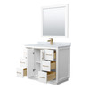 Icon 42 Inch Single Bathroom Vanity In White, White Carrara Marble Countertop, Undermount Square Sink, Satin Bronze Trim, 34 Inch Mirror