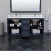 Icon 66 Inch Double Bathroom Vanity In Dark Blue, White Carrara Marble Countertop, Undermount Square Sinks, Brushed Nickel Trim, 58 Inch Mirror