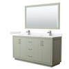 Icon 66 Inch Double Bathroom Vanity In Light Green, Carrara Cultured Marble Countertop, Undermount Square Sinks, Brushed Nickel Trim, 58 Inch Mirror
