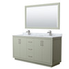Icon 66 Inch Double Bathroom Vanity In Light Green, White Carrara Marble Countertop, Undermount Square Sinks, Brushed Nickel Trim, 58 Inch Mirror