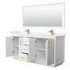 Icon 72 Inch Double Bathroom Vanity In White, Carrara Cultured Marble Countertop, Undermount Square Sinks, Satin Bronze Trim, 70 Inch Mirror