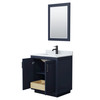 Miranda 30 Inch Single Bathroom Vanity In Dark Blue, White Carrara Marble Countertop, Undermount Square Sink, Matte Black Trim, 24 Inch Mirror