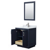 Miranda 30 Inch Single Bathroom Vanity In Dark Blue, White Carrara Marble Countertop, Undermount Square Sink, Brushed Nickel Trim, 24 Inch Mirror
