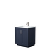 Miranda 30 Inch Single Bathroom Vanity In Dark Blue, 1.25 Inch Thick Matte White Solid Surface Countertop, Integrated Sink, Brushed Nickel Trim