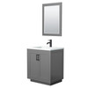 Miranda 30 Inch Single Bathroom Vanity In Dark Gray, 1.25 Inch Thick Matte White Solid Surface Countertop, Integrated Sink, Matte Black Trim, 24 Inch Mirror