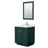Miranda 30 Inch Single Bathroom Vanity In Green, White Carrara Marble Countertop, Undermount Square Sink, Brushed Gold Trim, 24 Inch Mirror