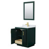 Miranda 30 Inch Single Bathroom Vanity In Green, White Carrara Marble Countertop, Undermount Square Sink, Brushed Gold Trim, 24 Inch Mirror