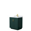 Miranda 30 Inch Single Bathroom Vanity In Green, White Carrara Marble Countertop, Undermount Square Sink, Brushed Gold Trim