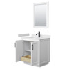 Miranda 30 Inch Single Bathroom Vanity In White, White Cultured Marble Countertop, Undermount Square Sink, Matte Black Trim, 24 Inch Mirror