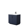 Miranda 36 Inch Single Bathroom Vanity In Dark Blue, 1.25 Inch Thick Matte White Solid Surface Countertop, Integrated Sink, Matte Black Trim