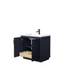 Miranda 36 Inch Single Bathroom Vanity In Dark Blue, 1.25 Inch Thick Matte White Solid Surface Countertop, Integrated Sink, Matte Black Trim