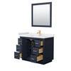 Miranda 42 Inch Single Bathroom Vanity In Dark Blue, White Cultured Marble Countertop, Undermount Square Sink, Brushed Gold Trim, 34 Inch Mirror