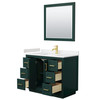 Miranda 42 Inch Single Bathroom Vanity In Green, Carrara Cultured Marble Countertop, Undermount Square Sink, Brushed Gold Trim, 34 Inch Mirror