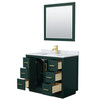 Miranda 42 Inch Single Bathroom Vanity In Green, White Carrara Marble Countertop, Undermount Square Sink, Brushed Gold Trim, 34 Inch Mirror