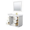 Miranda 42 Inch Single Bathroom Vanity In White, White Cultured Marble Countertop, Undermount Square Sink, Brushed Gold Trim, 34 Inch Mirror