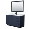 Miranda 54 Inch Single Bathroom Vanity In Dark Blue, White Carrara Marble Countertop, Undermount Square Sink, Matte Black Trim, 46 Inch Mirror